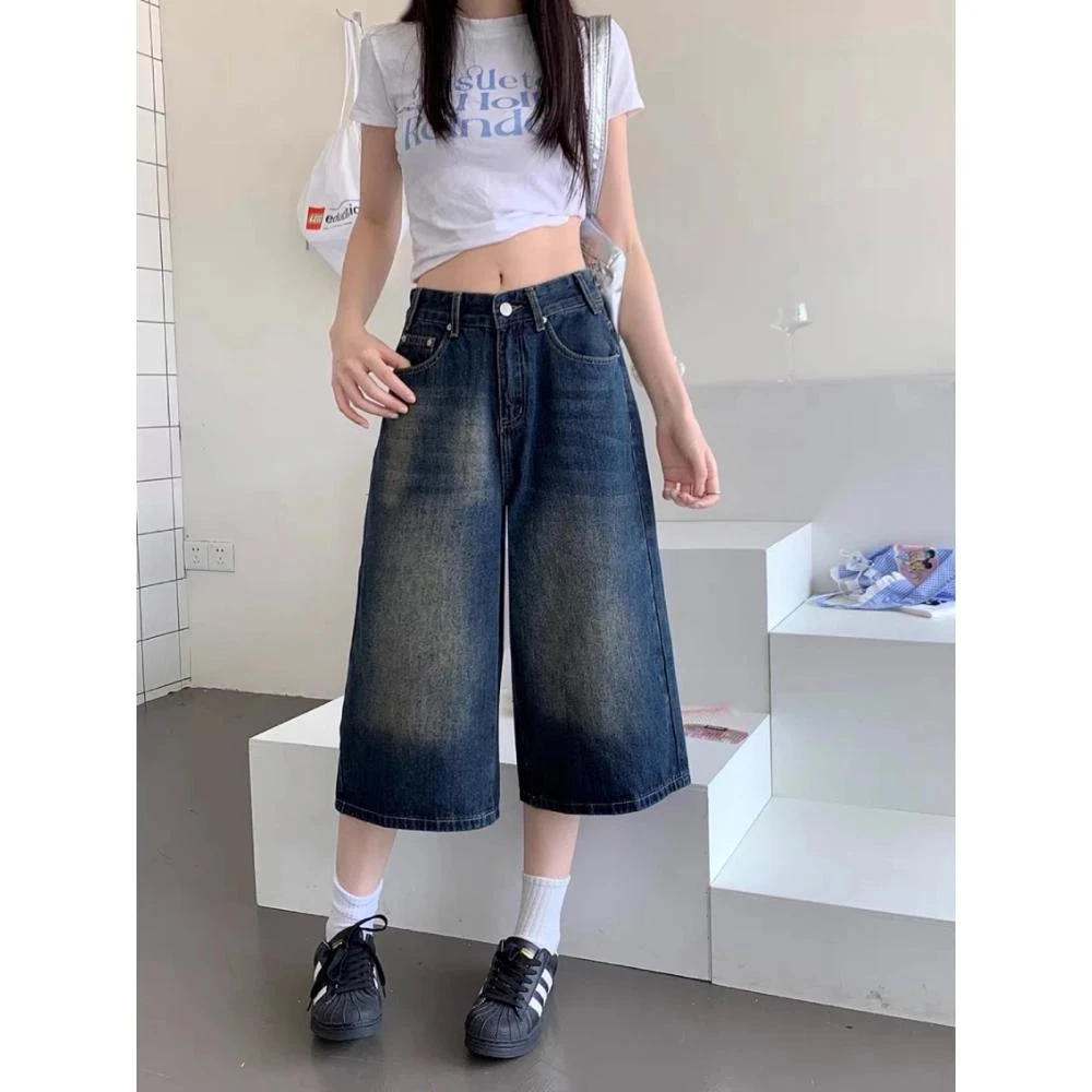 美式复古做旧水洗牛仔裤女2025春季新款设计感阔腿显瘦垂感七分裤