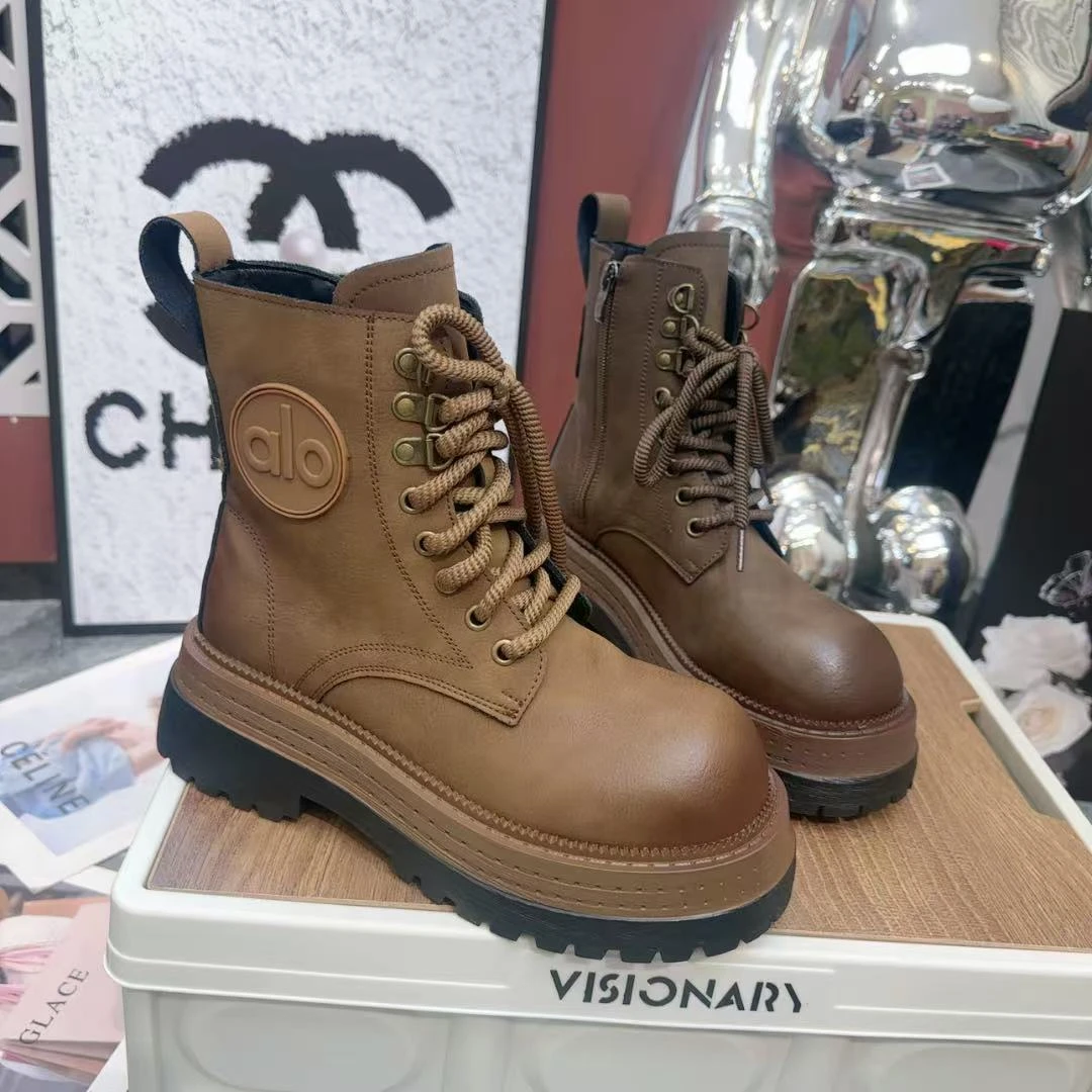 复古马丁靴女英伦风秋新款爆款真皮系带厚底大黄靴机车短靴808-2