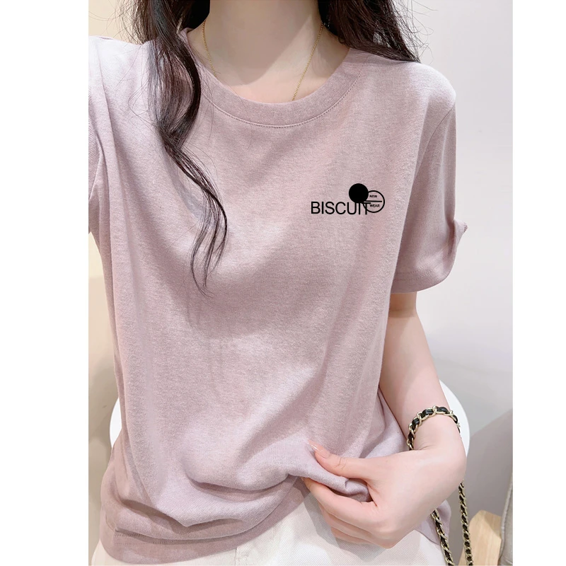 透气印花雪花棉短袖t恤女夏宽松减龄慵懒风简约圆领正肩薄款上衣