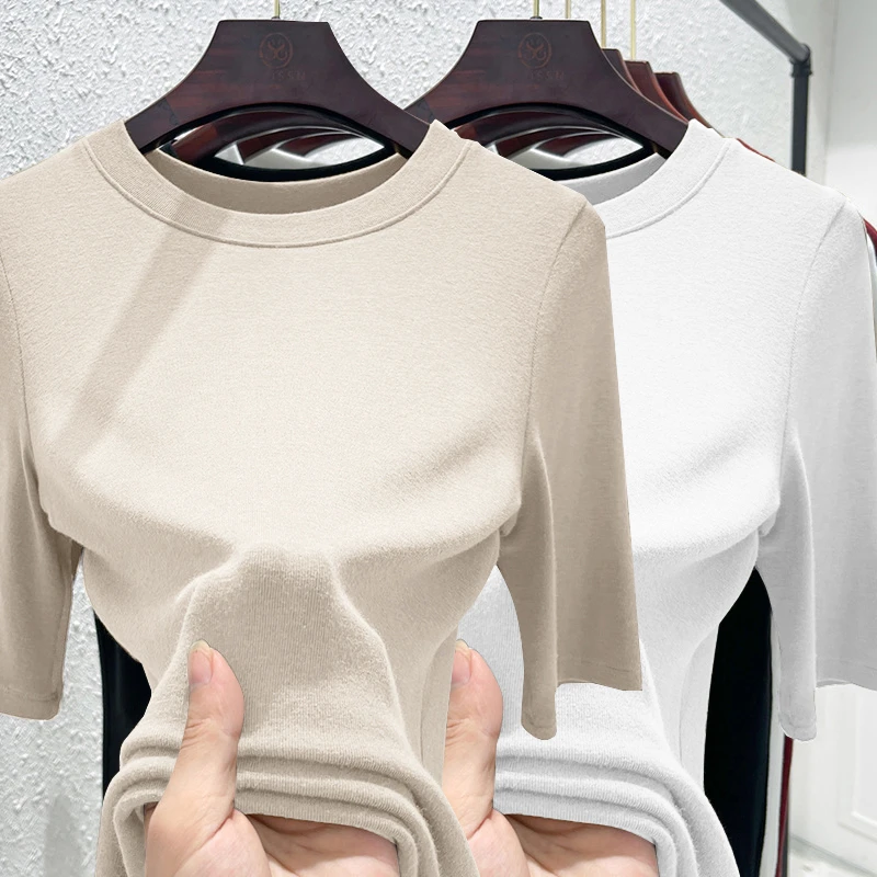 2025春秋新款打底衫女五分袖内搭百搭显瘦纯色外穿正肩体恤上衣女