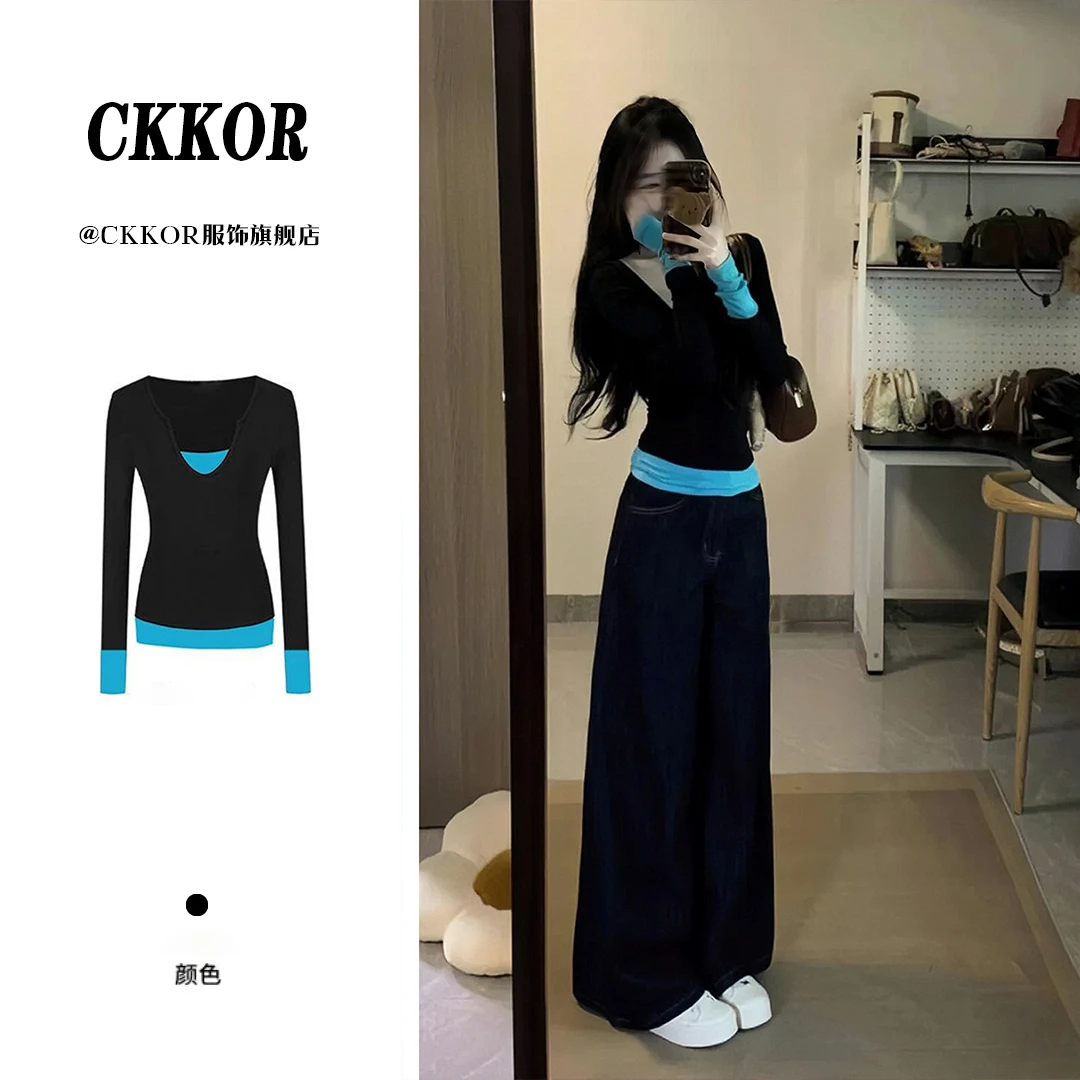 CKKOR美式复古撞色假两件长袖t恤女春夏新款修身显瘦打底衫女内搭