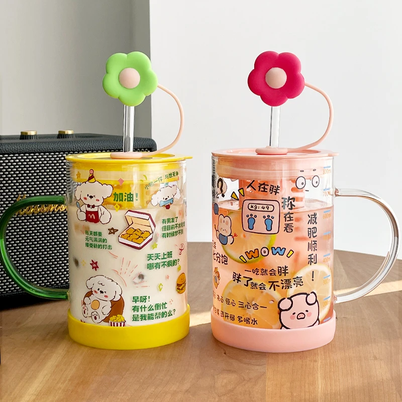 1000ml大容量玻璃杯耐高温水杯女学生上班族吸管杯带盖子把手刻度