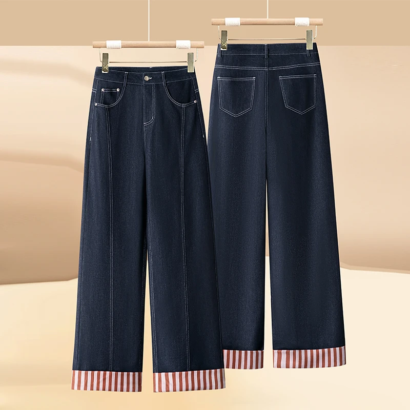 丹宁深蓝色阔腿裤牛仔裤女春季2025新款小个子卷边翻边设计感裤子