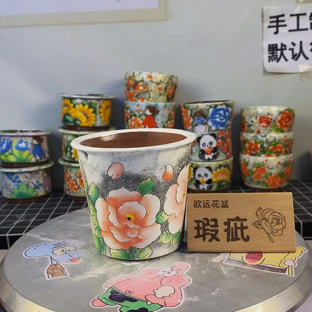 紫砂花盆红陶手绘花盆
