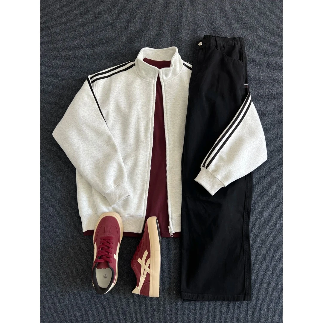 美式简约纯色条纹开衫拉链卫衣男款秋冬立领oversize男女慵懒外套