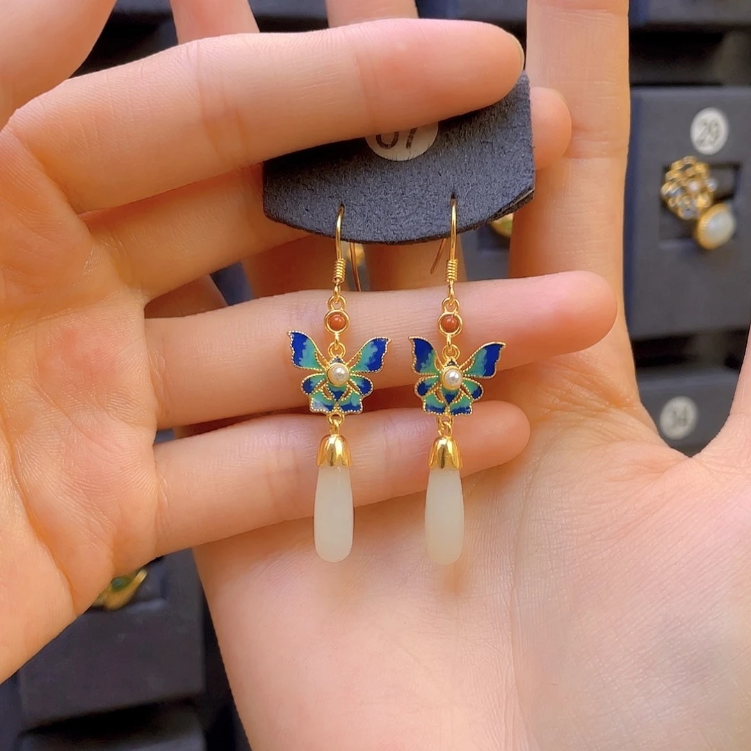 和田玉耳饰银S925镀金镶嵌