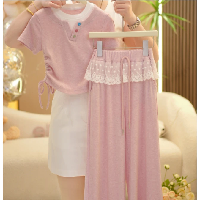 【现货在仓】2025夏季新款时尚休闲百搭编织宫廷风花苞袖T恤套装