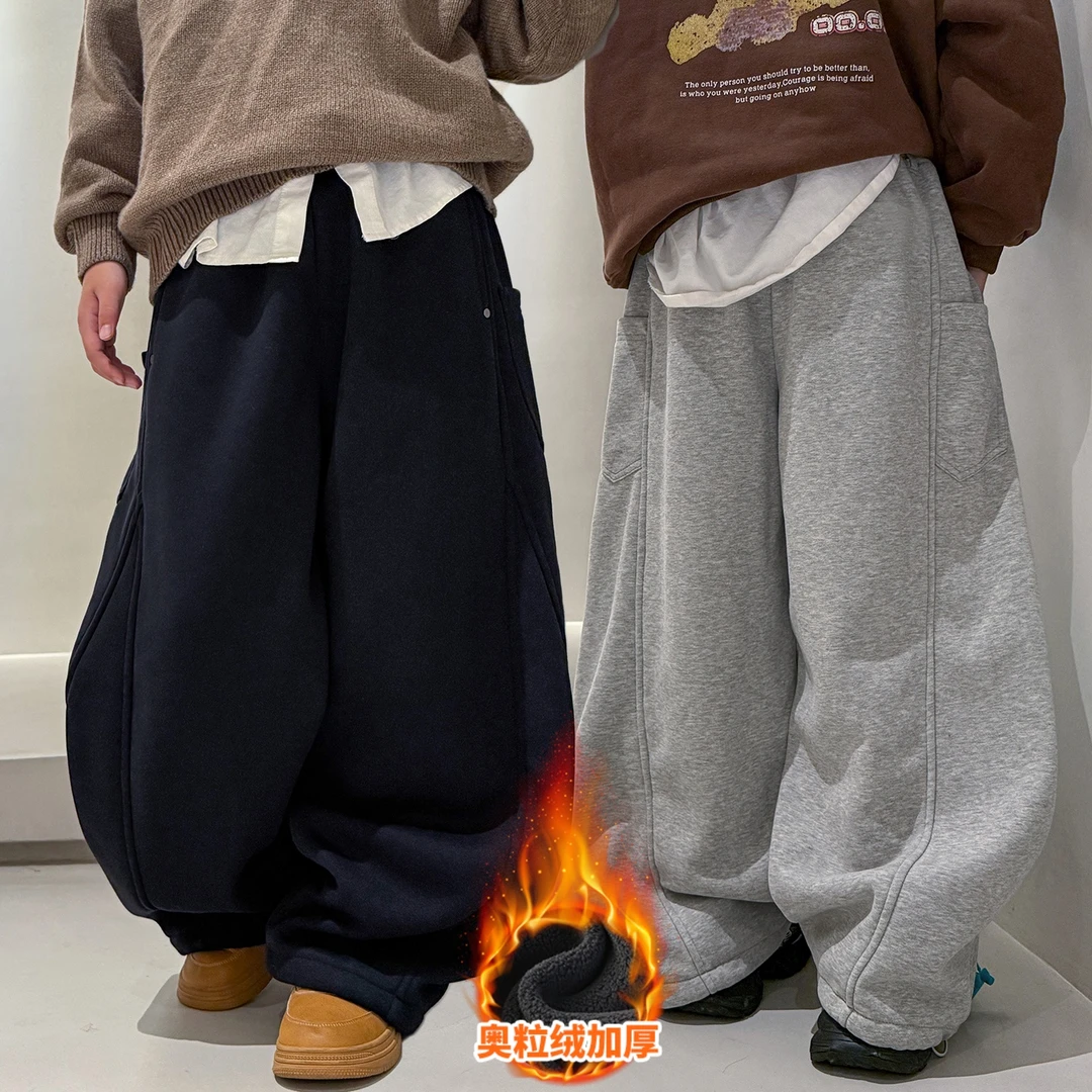 男童加绒休闲裤2025冬季新款时尚加厚弯刀裤一体绒儿童针织运动裤