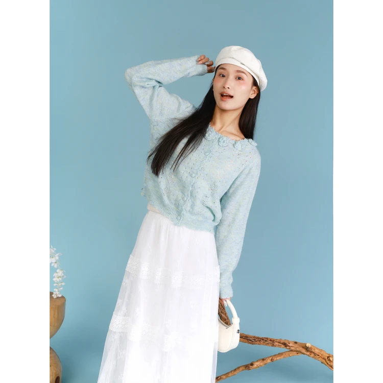 西町村屋立体钩花设计开衫女装春季新款气质百搭针织衫XHAA10056