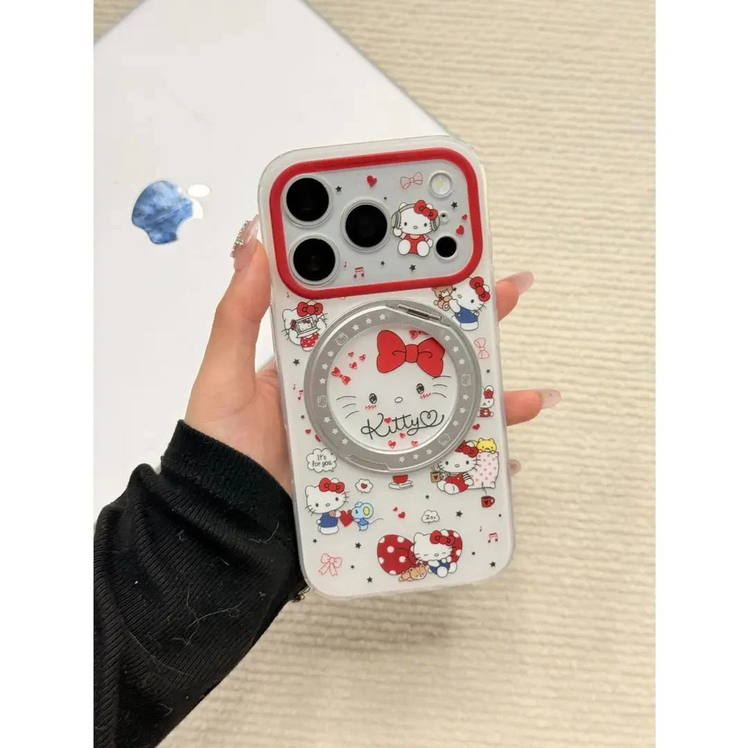 红色蝴蝶结Kitty磨砂手机壳适用iPhone17promax360旋转支点支架