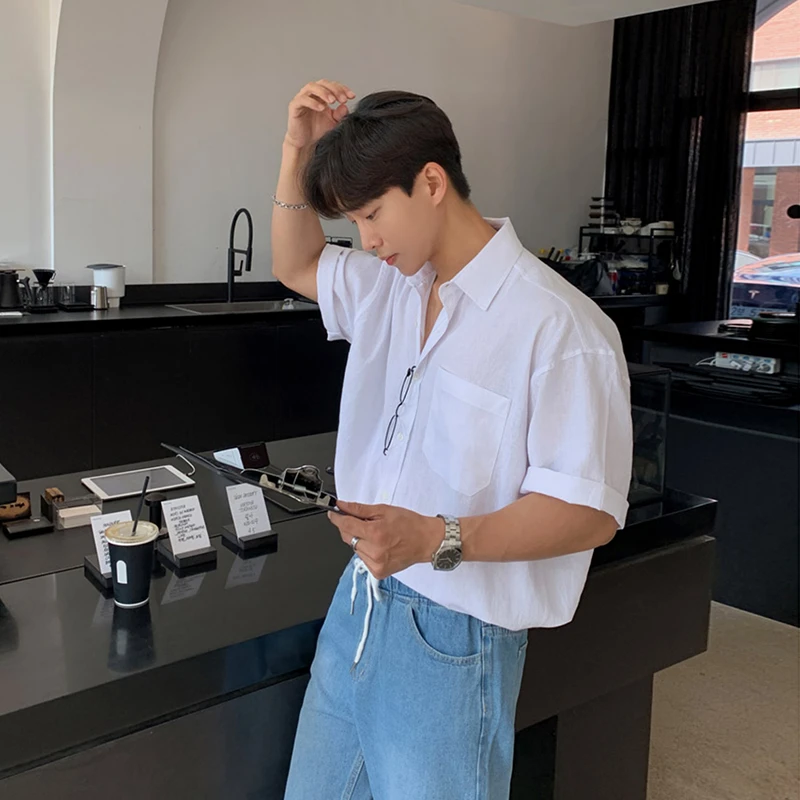 ascloqiao夏季纯色短袖衬衫男士潮流翻领透气薄款宽松简约衬衣