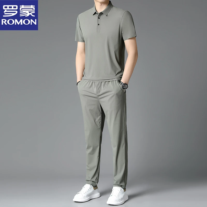 罗蒙男士休闲冰丝套装夏季薄款短袖t恤男士中年宽松运动两件套潮