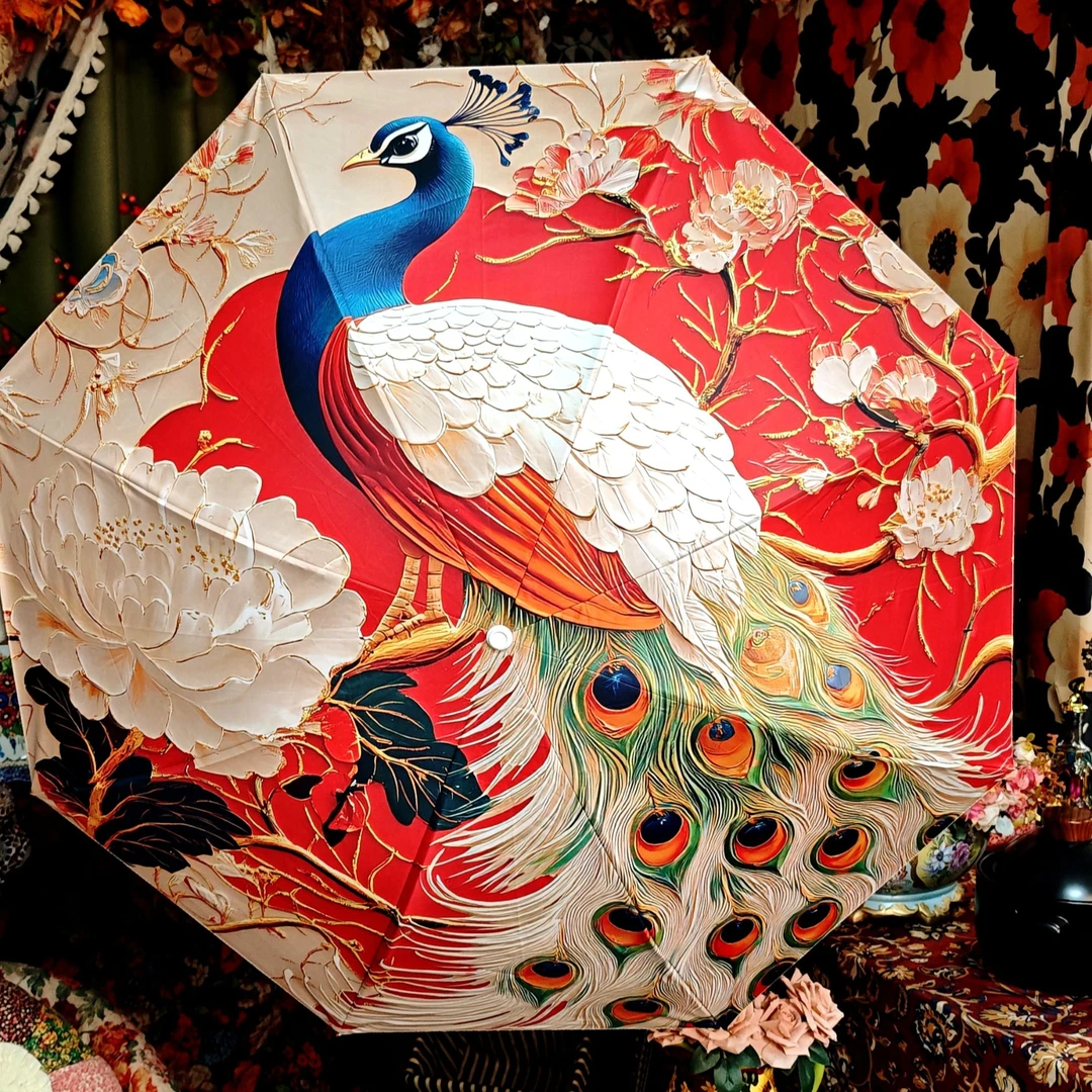 迎年孔雀防晒花伞 加大遮阳伞晴雨伞两用小巧便携太阳伞