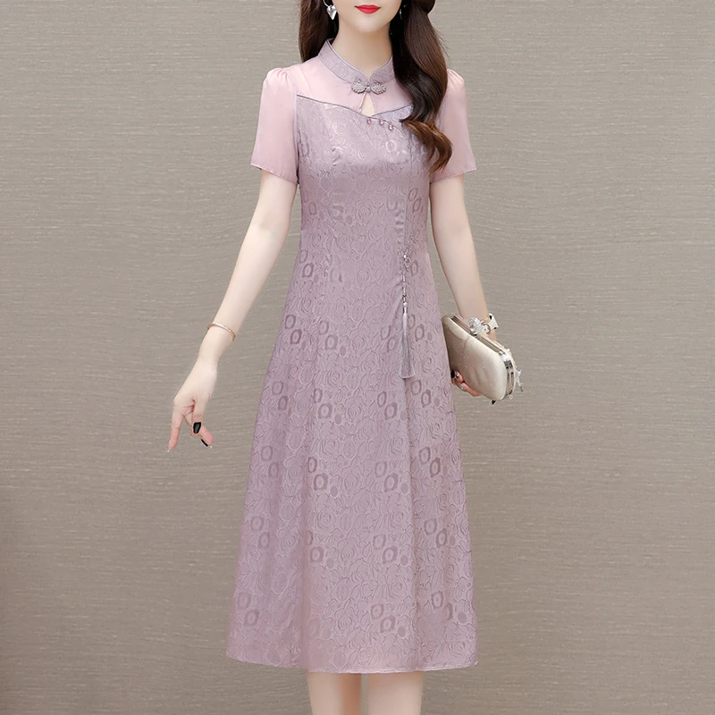 拉夏贝尔国风旗袍连衣裙2025年新款女夏季雪纺气质轻奢高级连衣裙