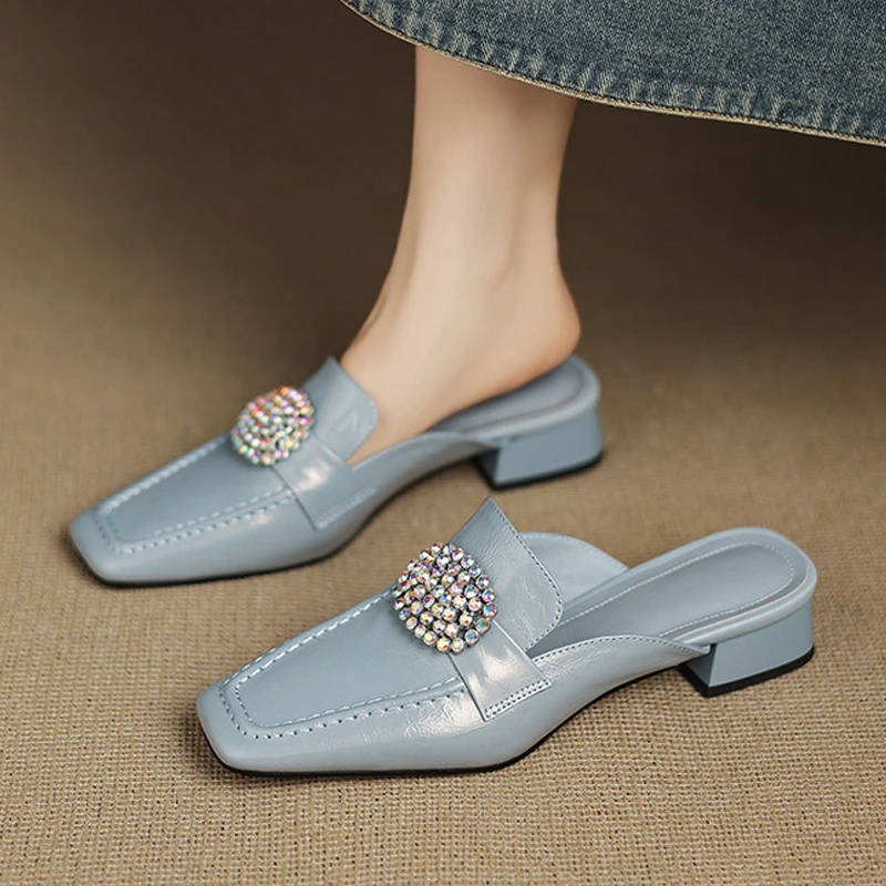 真皮3cm百搭水钻轻奢懒人凉拖鞋子中跟粗跟方头外穿包头半拖鞋女