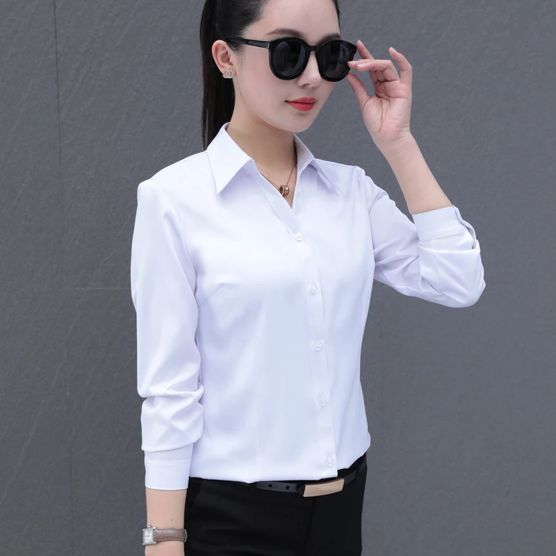 免烫衬衫女长袖v领春季新款气质工装正装工作服面试白色职业衬衣