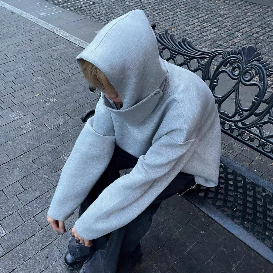 男装美式潮牌骑士可拆卸卫衣男宽松小众设计感半拉链忍者帽衫