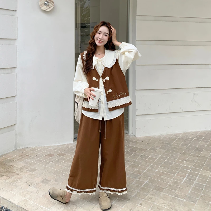 复古韩系风减龄套装裤2025春秋新款蕾丝拼接马甲娃娃领衬衫阔腿裤