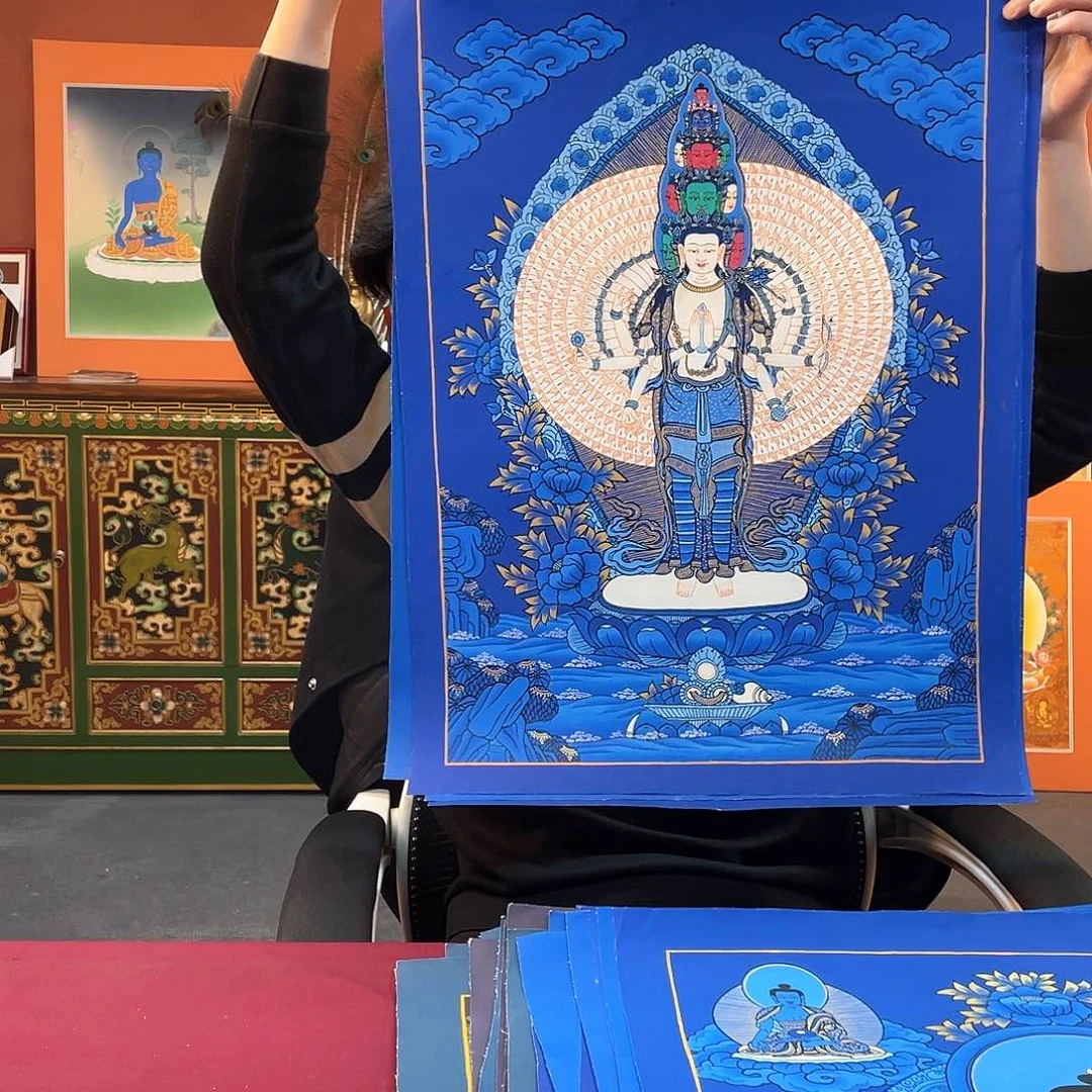 装裱画西*五幅蓝唐 千手文殊四臂释迦绿妈妈