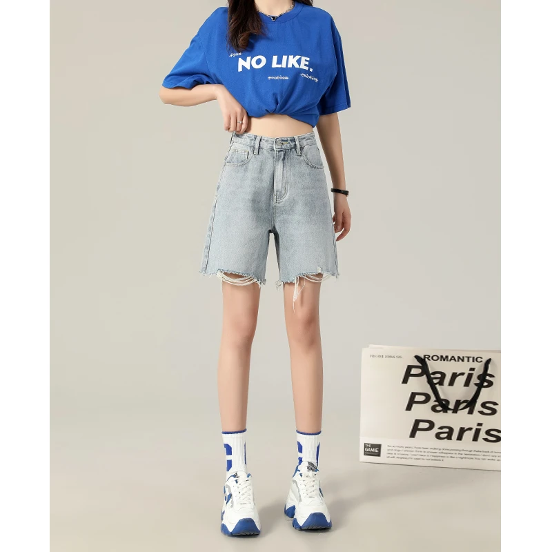 真衣坊 2025夏季浅蓝高腰遮肉显瘦百搭A字阔腿毛边牛仔短裤女