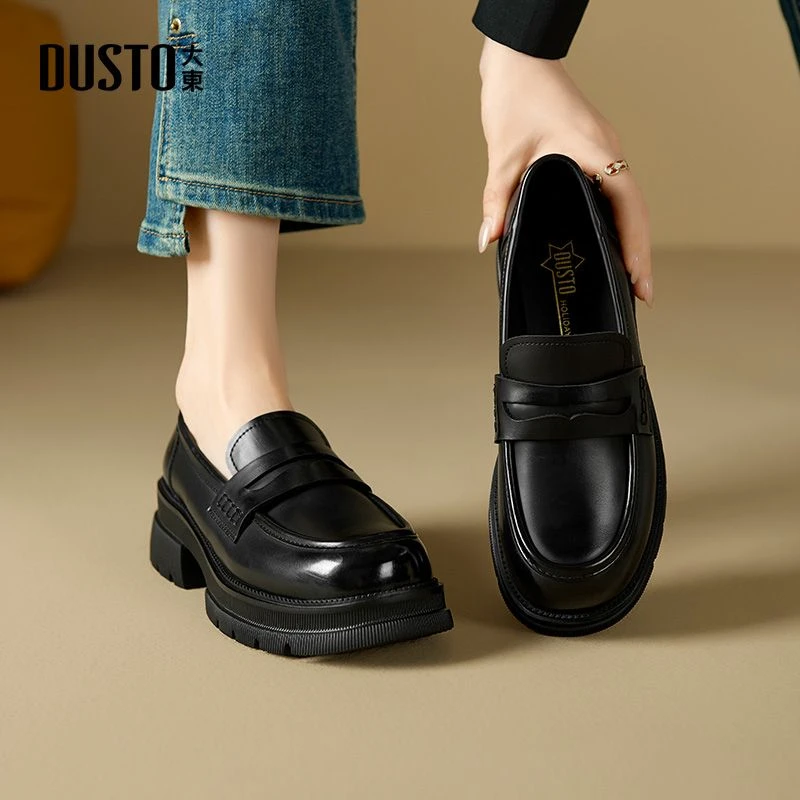 大东女鞋厚底乐福鞋女2025秋季时尚百搭休闲厚底复古黑色增高鞋子