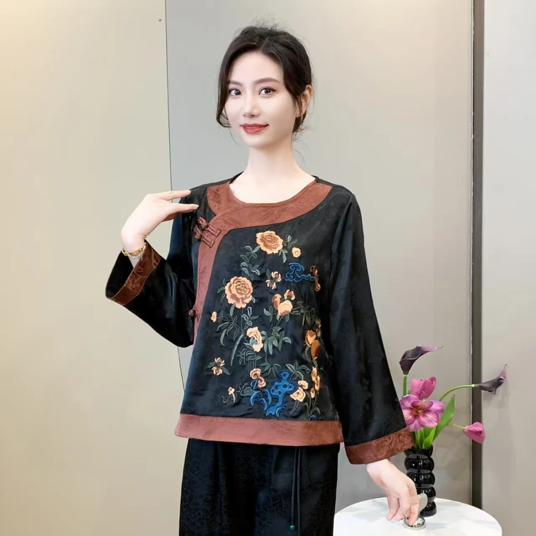 春夏款气质时尚洋气显瘦百搭中式国风宽松长袖文艺圆领上衣