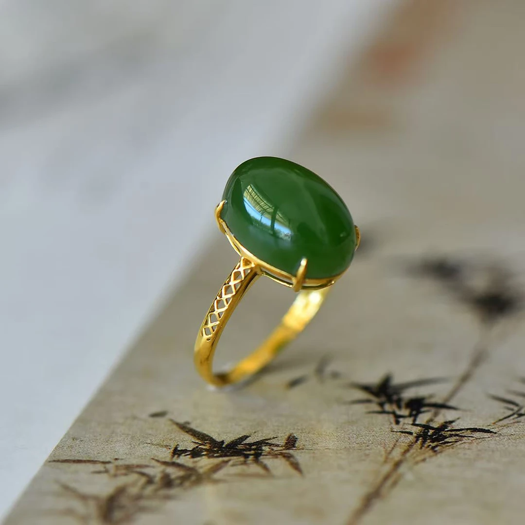 BQ39天然和田玉碧玉蛋面 戒指 时尚简约18k金镶嵌经典气质