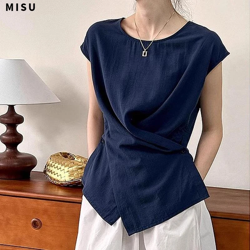 MISU独特超好看藏青色圆领落肩T恤女夏季时尚高端不规则下摆套头
