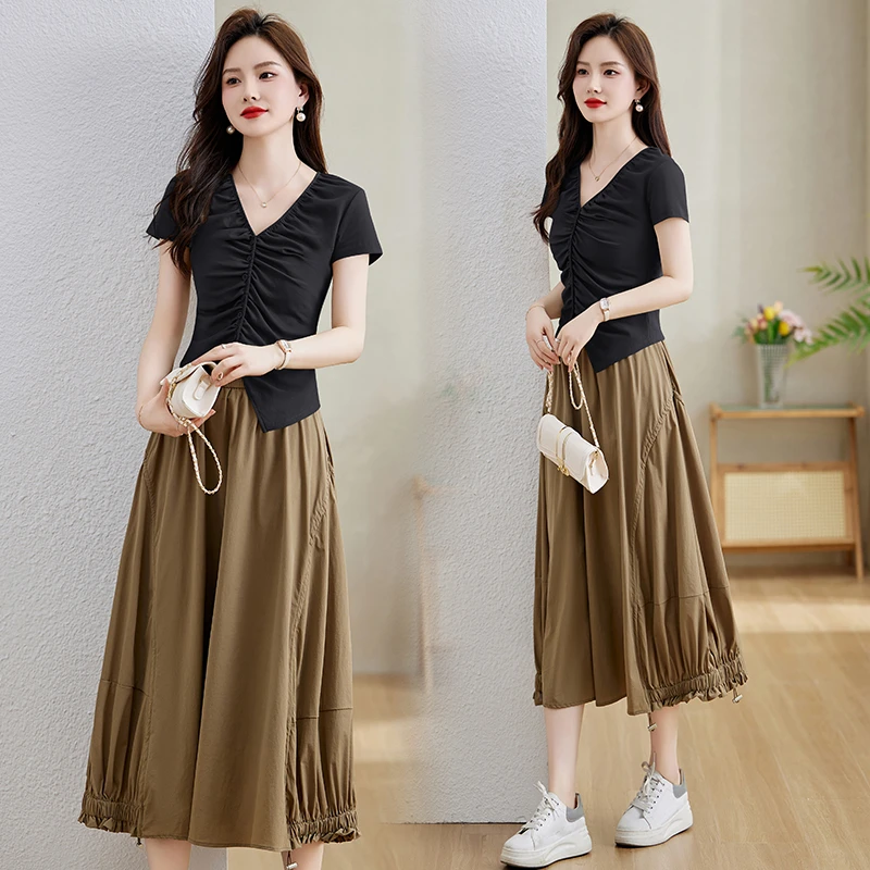 法式V领褶皱套装裙女2025年夏季新款设计感短袖高腰半身裙两件套