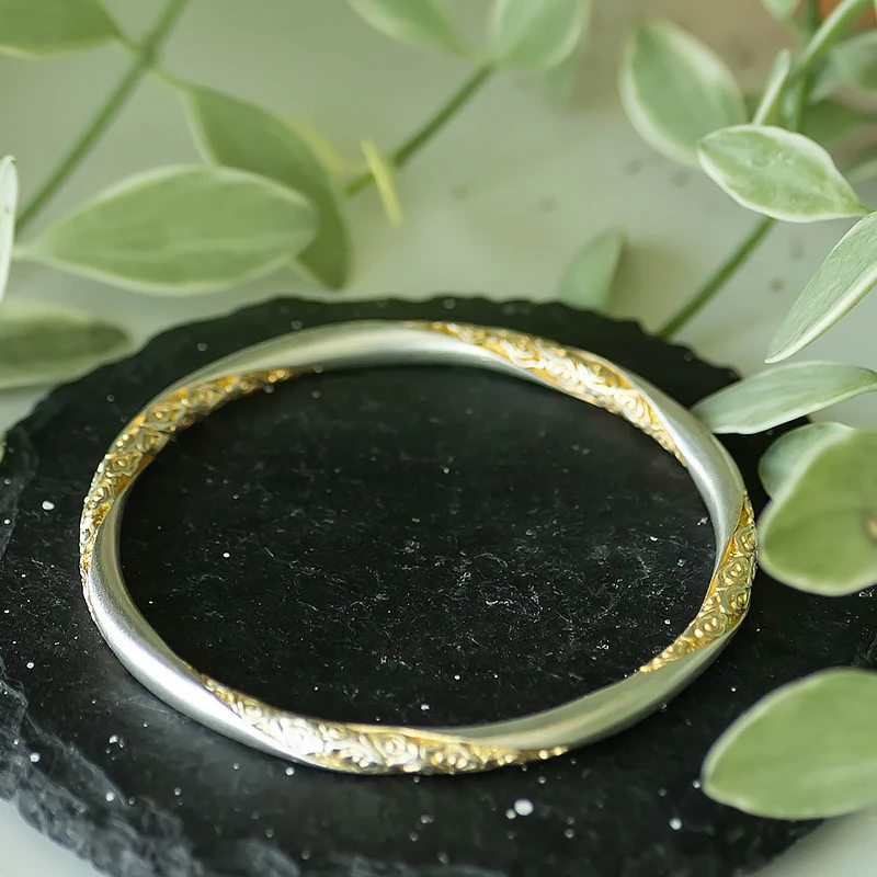 足银手镯 足银999.9 04 莫比乌斯描金古法祥云闭口手镯 27g