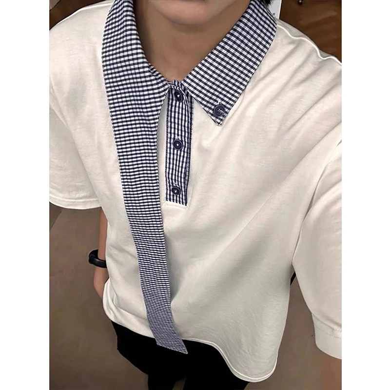 航海领飘带短袖男夏季海边穿搭小众设计感拼接潮牌t恤美式五分袖