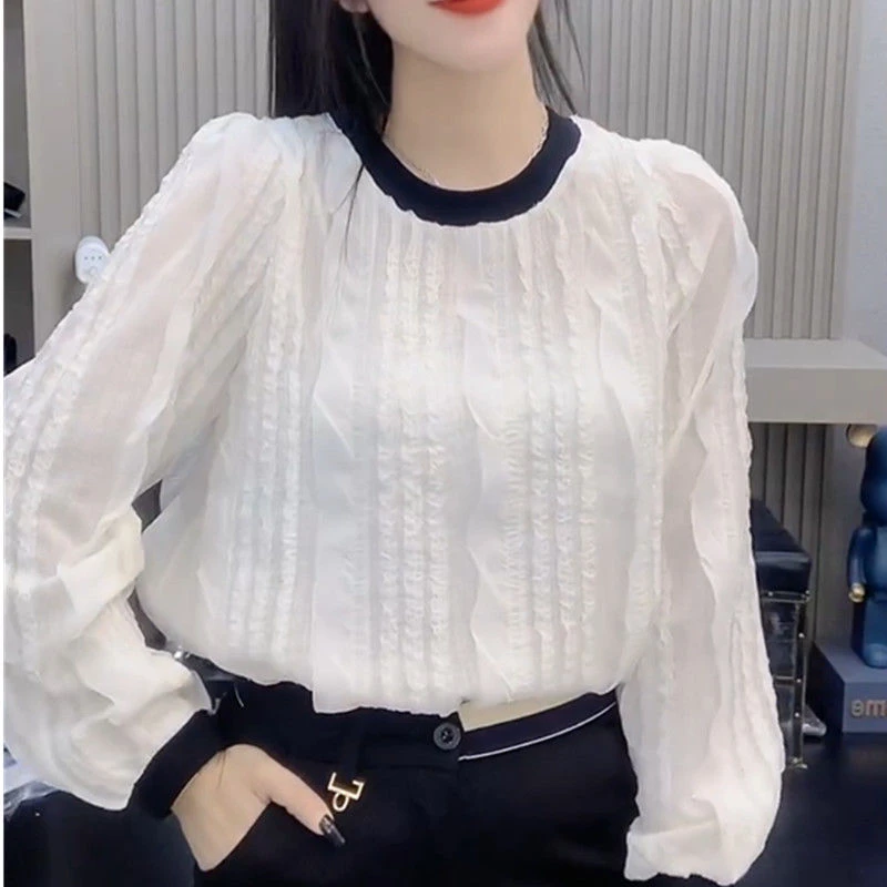 时尚百搭洋气减龄长袖上衣T恤女2025秋季新款圆领拼接褶皱打底衫