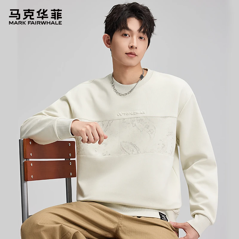 MARK FAIRWHALE/马克华菲棉质肌理感卫衣男春秋冬季拼接圆领上衣