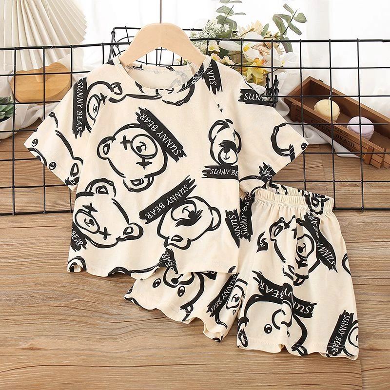 儿童夏季纯棉短袖短裤套装男女童宽松版全棉家居服薄款中大童睡衣