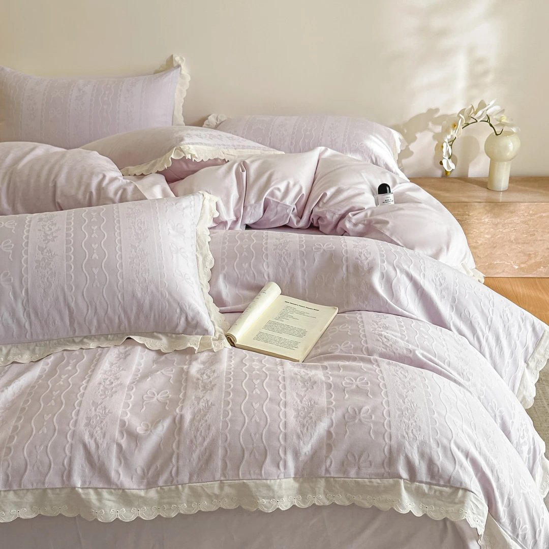 轻奢长绒棉纯棉提花花边款四件套全棉被套床单床笠三件套床上用品