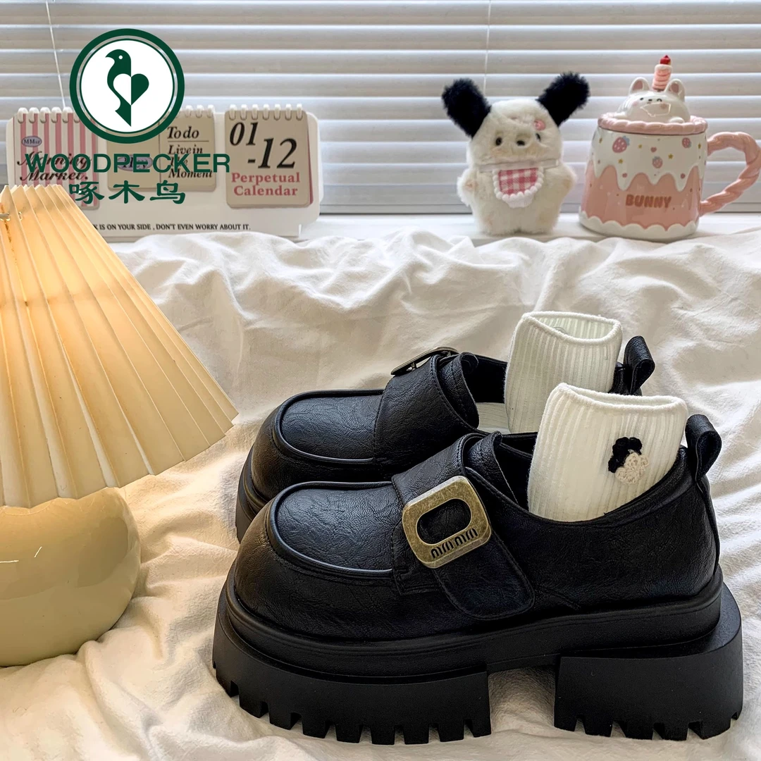 啄木鸟粗跟增高小皮鞋女2025新款复古英伦风乐百搭时尚厚底乐福鞋