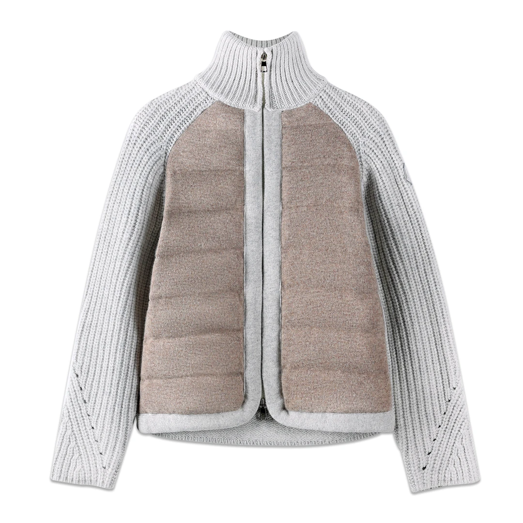 老钱风秋冬女士灰色立领针织拼接羽绒毛衣开衫外套2472111