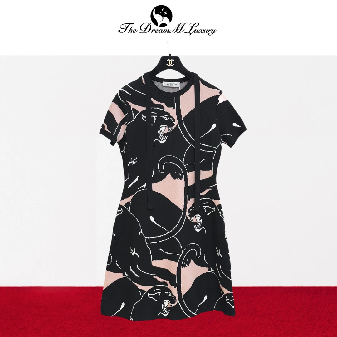 99新 Valentino/华伦天奴 M码 黑色拼粉色 短袖 针织 连衣裙
