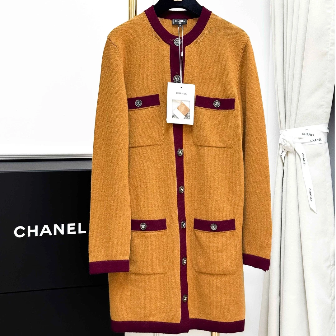 99新 Chanel/香奈儿 36码21K姜黄色四口袋羊绒连衣裙