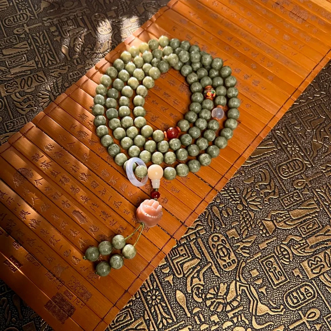 绿六字真言108颗手持算盘珠盘玩手链饰品佛珠念珠