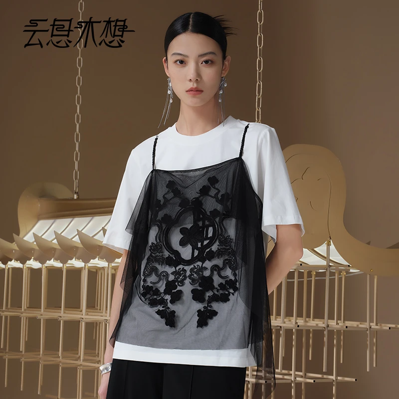 Ysimo-X云思木想 岭南风韵 裁片绣花外件网纱可拆卸含棉T恤12743
