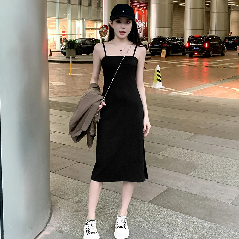 吊带裙女2025年春夏新款大码法式性感显瘦黑色中长款开叉连衣裙