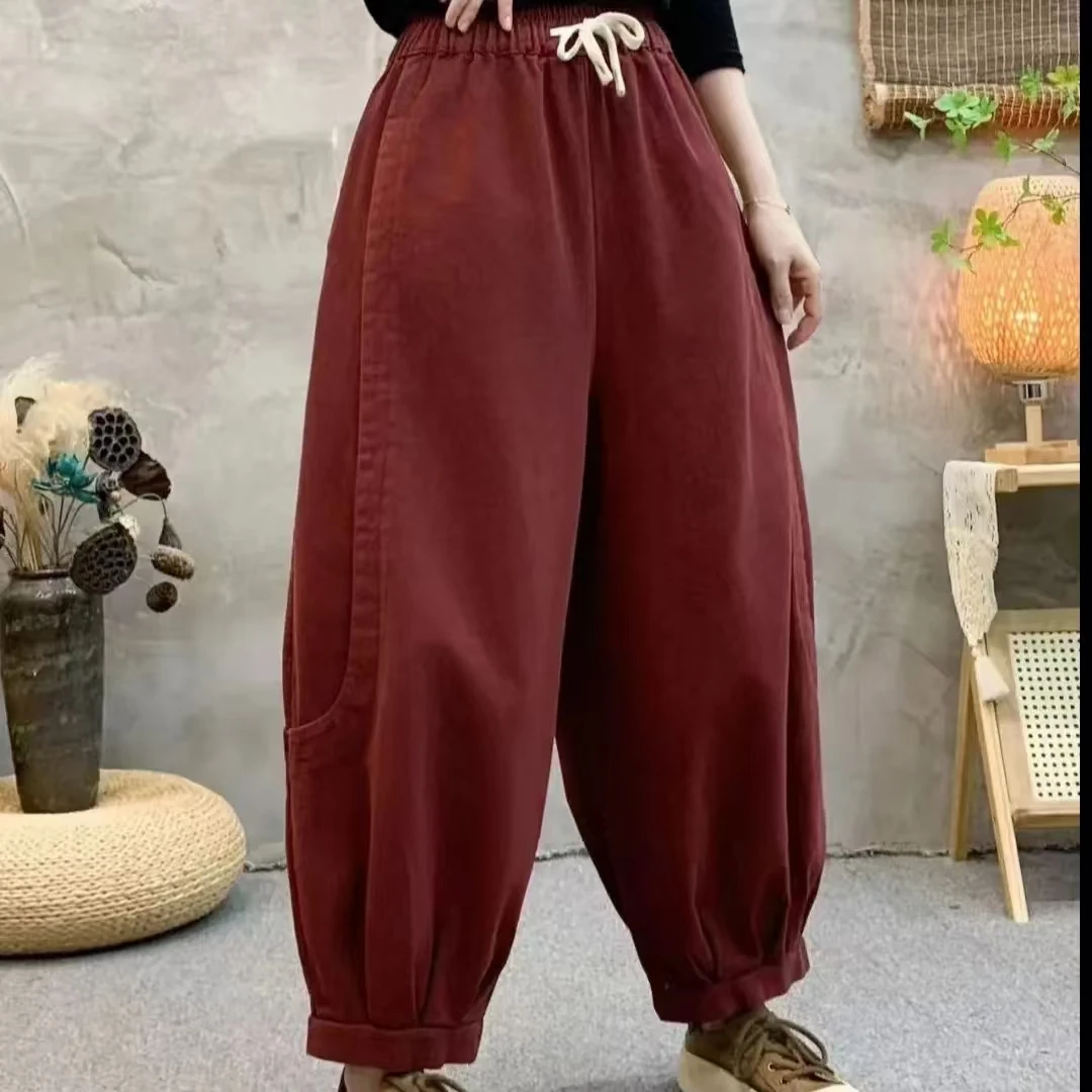 2025春季新款牛仔面休闲裤时尚百搭宽松显瘦纯色松紧腰胖瘦不挑人