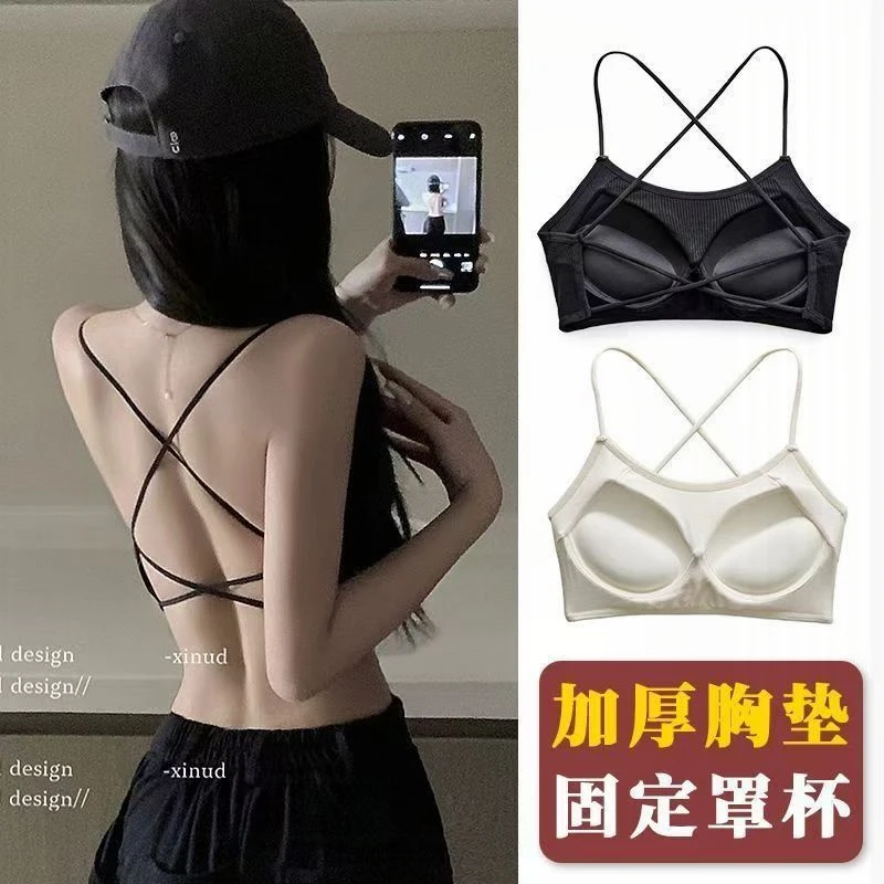 漫画加厚胸垫美背内衣女内搭文胸吊带一体式交叉聚拢背心裹胸抹