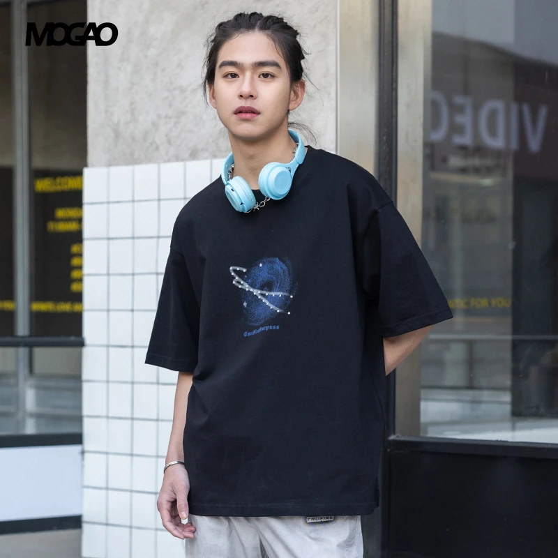摩高男装2025夏季宽松纯棉圆领短袖T恤美式潮牌半袖上衣A21612010