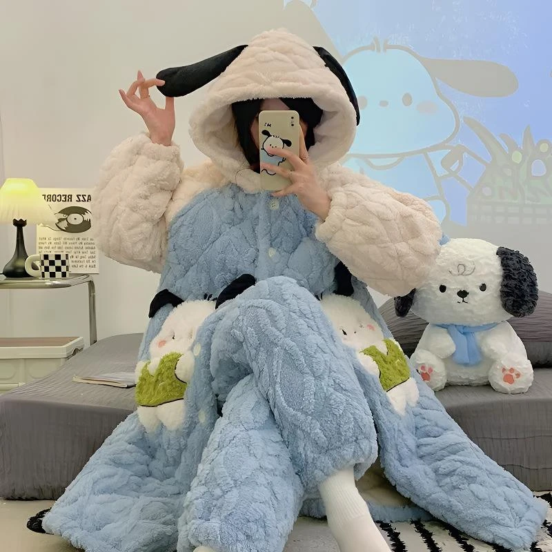 冬季三层夹棉帕恰狗睡袍加绒加厚保暖可爱睡衣套装女士家居服