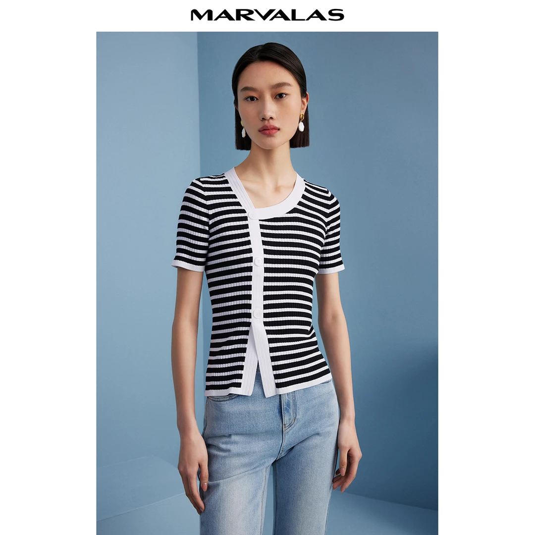 【曼德诗】时尚气质针织衫短袖女夏季纯色方领修身显瘦M733101500