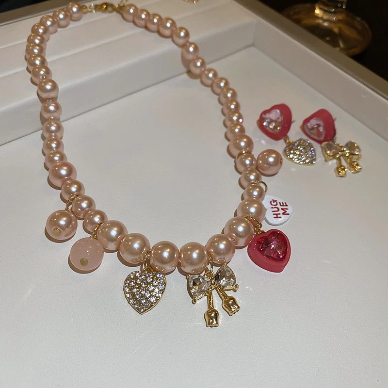 铜项链 精品/爱心蝴蝶结项链耳环套装韩国小众设计锁骨链轻奢新款