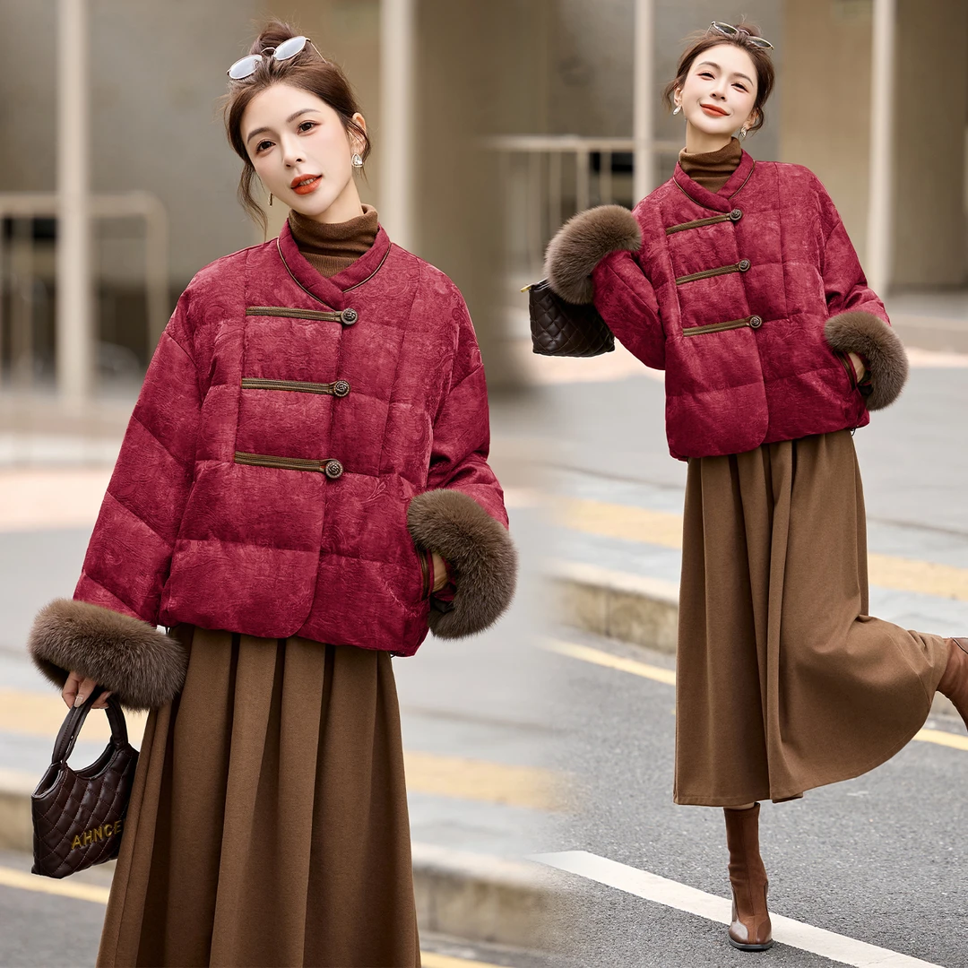 新中式国风狐狸毛拼接羽绒服女2025冬季新款复古提花白鸭绒短外套
