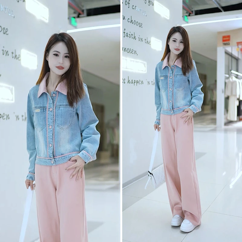 3831粉色撞色牛仔外套女开春2025年新款爆款春秋季休闲百搭牛仔衣